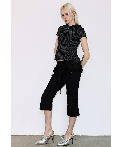 FANCY CLUB(ファンシークラブ)の「A'GEM/9 × .kom 『FANCY CLUB/ファンシークラブ』STRIPE HOOD FLARE TOP/ボーダーフードフレア半袖トップス(Tシャツ/カットソー・レディース・グレー/ブラック・FREE)」の4枚目の写真