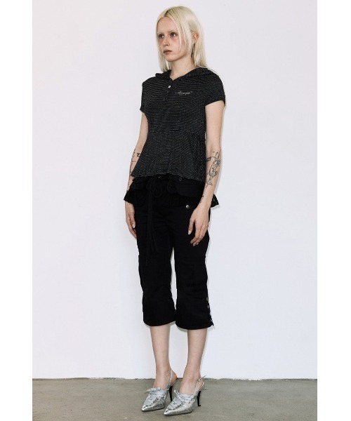 FANCY CLUB(ファンシークラブ)の「A'GEM/9 × .kom 『FANCY CLUB/ファンシークラブ』STRIPE HOOD FLARE TOP/ボーダーフードフレア半袖トップス(Tシャツ/カットソー・レディース・グレー/ブラック・FREE)」の5枚目の写真