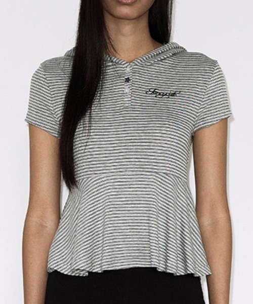 FANCY CLUB(ファンシークラブ)の「A'GEM/9 × .kom 『FANCY CLUB/ファンシークラブ』STRIPE HOOD FLARE TOP/ボーダーフードフレア半袖トップス(Tシャツ/カットソー・レディース・グレー/ブラック・FREE)」の9枚目の写真