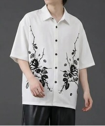 フラワーアートプリント半袖シャツ／オープンカラー風 リラックスシルエット