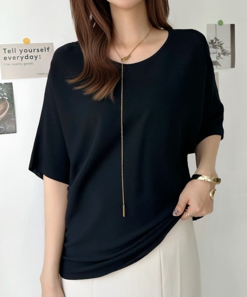 Eclat one(エクラワン)の「【イージーケア】ひんやりタッチ。大人のサマーニットドルマンプルオーバー(Tシャツ/カットソー・レディース・イエロー/ホワイト/ブラック・FREE)」の4枚目の写真
