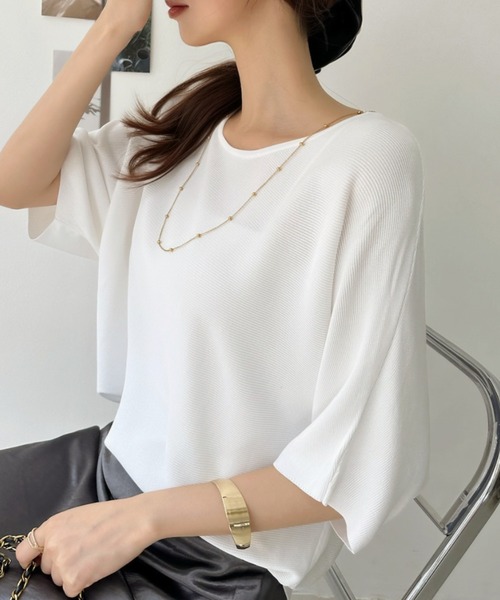 Eclat one(エクラワン)の「【イージーケア】ひんやりタッチ。大人のサマーニットドルマンプルオーバー(Tシャツ/カットソー・レディース・イエロー/ホワイト/ブラック・FREE)」の10枚目の写真