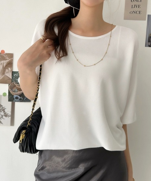 Eclat one(エクラワン)の「【イージーケア】ひんやりタッチ。大人のサマーニットドルマンプルオーバー(Tシャツ/カットソー・レディース・イエロー/ホワイト/ブラック・FREE)」の9枚目の写真