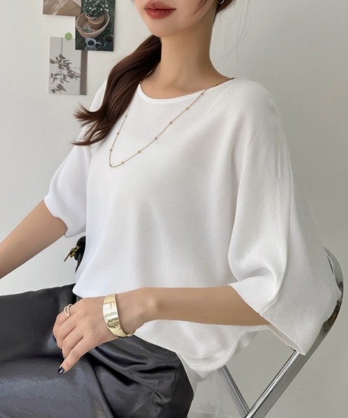 Eclat one(エクラワン)の「【イージーケア】ひんやりタッチ。大人のサマーニットドルマンプルオーバー(Tシャツ/カットソー・レディース・イエロー/ホワイト/ブラック・FREE)」の6枚目の写真