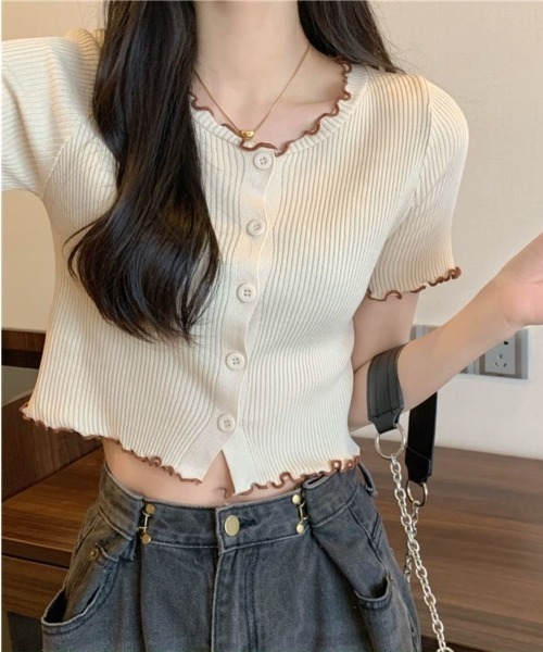Beststore(ベストストア)の「フリルデザインが可愛い Vネックリブニット 半袖 カーディガン Tシャツ カットソー(カーディガン/ボレロ・レディース・ホワイト/ブラック/ピンク/ブルー/ベージュ・FREE)」の1枚目の写真