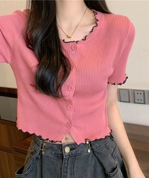 フリルデザインが可愛い Vネックリブニット 半袖 カーディガン Tシャツ カットソー