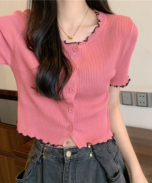 Beststore(ベストストア)の「フリルデザインが可愛い Vネックリブニット 半袖 カーディガン Tシャツ カットソー(カーディガン/ボレロ・レディース・ホワイト/ブラック/ピンク/ブルー/ベージュ・FREE)」の5枚目の写真