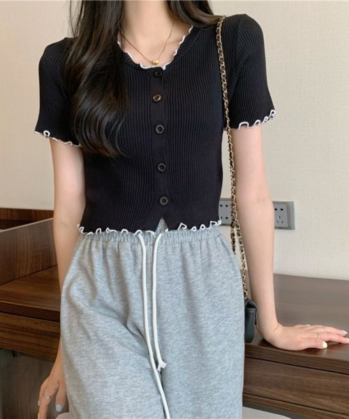 Beststore(ベストストア)の「フリルデザインが可愛い Vネックリブニット 半袖 カーディガン Tシャツ カットソー(カーディガン/ボレロ・レディース・ホワイト/ブラック/ピンク/ブルー/ベージュ・FREE)」の3枚目の写真