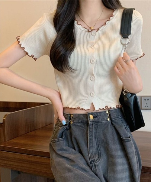 Beststore(ベストストア)の「フリルデザインが可愛い Vネックリブニット 半袖 カーディガン Tシャツ カットソー(カーディガン/ボレロ・レディース・ホワイト/ブラック/ピンク/ブルー/ベージュ・FREE)」の22枚目の写真