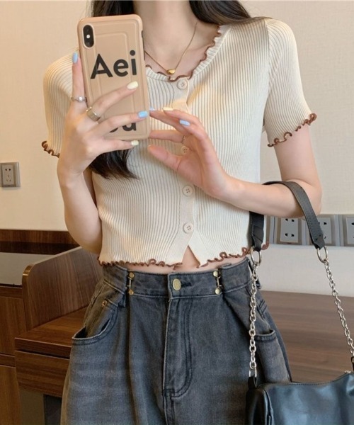 Beststore(ベストストア)の「フリルデザインが可愛い Vネックリブニット 半袖 カーディガン Tシャツ カットソー(カーディガン/ボレロ・レディース・ホワイト/ブラック/ピンク/ブルー/ベージュ・FREE)」の18枚目の写真