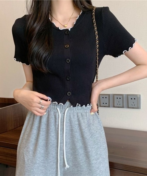 Beststore(ベストストア)の「フリルデザインが可愛い Vネックリブニット 半袖 カーディガン Tシャツ カットソー(カーディガン/ボレロ・レディース・ホワイト/ブラック/ピンク/ブルー/ベージュ・FREE)」の13枚目の写真