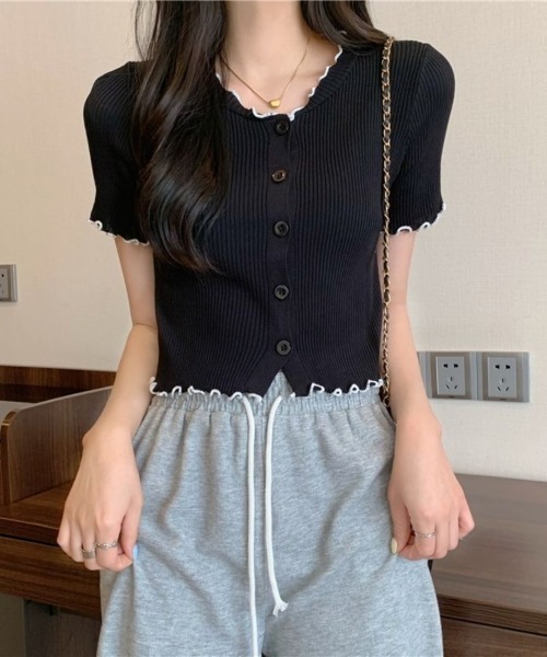 Beststore(ベストストア)の「フリルデザインが可愛い Vネックリブニット 半袖 カーディガン Tシャツ カットソー(カーディガン/ボレロ・レディース・ホワイト/ブラック/ピンク/ブルー/ベージュ・FREE)」の12枚目の写真