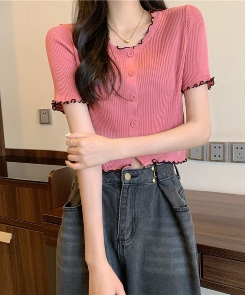 Beststore(ベストストア)の「フリルデザインが可愛い Vネックリブニット 半袖 カーディガン Tシャツ カットソー(カーディガン/ボレロ・レディース・ホワイト/ブラック/ピンク/ブルー/ベージュ・FREE)」の6枚目の写真