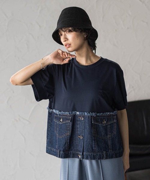 MAYSON GREY（メイソングレイ）の「デニムドッキングTシャツ（Tシャツ/カットソー・レディース・ネイビー/オフホワイト・M）」の2枚目の写真