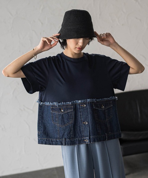 MAYSON GREY（メイソングレイ）の「デニムドッキングTシャツ（Tシャツ/カットソー・レディース・ネイビー/オフホワイト・M）」の7枚目の写真