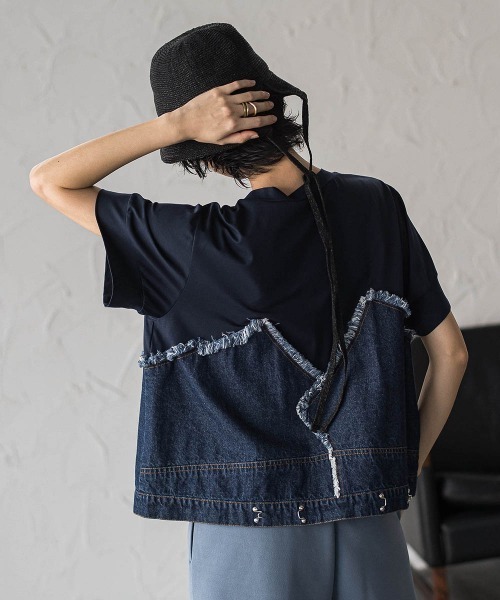 MAYSON GREY（メイソングレイ）の「デニムドッキングTシャツ（Tシャツ/カットソー・レディース・ネイビー/オフホワイト・M）」の9枚目の写真