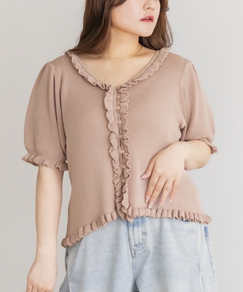 CLETTE(クレット)の「Vネックフリルニット(ニット/セーター・レディース・ラベンダー/ピンク/ブラック・3L/4L/LL)」の1枚目の写真