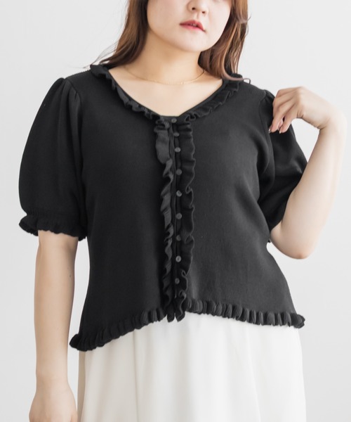 CLETTE(クレット)の「Vネックフリルニット(ニット/セーター・レディース・ラベンダー/ピンク/ブラック・3L/4L/LL)」の2枚目の写真