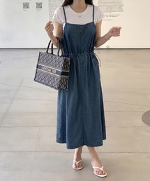 デニムキャミワンピース ワンピース キャミソールワンピース ロング レイヤード デニム ジャンパースカート ドロスト ウエスト絞り デニム風 春服 夏服