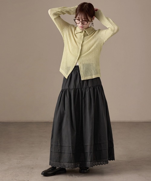 Fashion Letter(ファッションレター)の「T/Cブロード×レース ティアード ロングスカート(スカート・レディース・ブラック/ホワイト・M)」の5枚目の写真