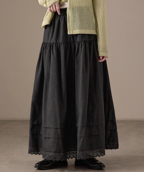 Fashion Letter(ファッションレター)の「T/Cブロード×レース ティアード ロングスカート(スカート・レディース・ブラック/ホワイト・M)」の7枚目の写真