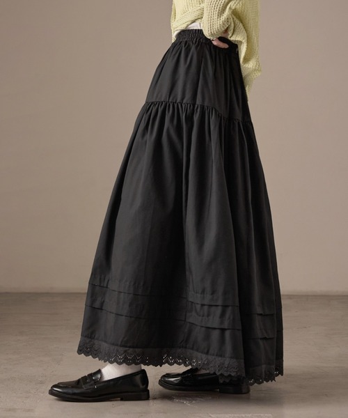 Fashion Letter(ファッションレター)の「T/Cブロード×レース ティアード ロングスカート(スカート・レディース・ブラック/ホワイト・M)」の10枚目の写真