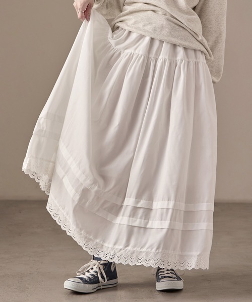 Fashion Letter(ファッションレター)の「T/Cブロード×レース ティアード ロングスカート(スカート・レディース・ブラック/ホワイト・M)」の13枚目の写真