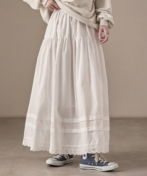 Fashion Letter(ファッションレター)の「T/Cブロード×レース ティアード ロングスカート(スカート・レディース・ブラック/ホワイト・M)」の15枚目の写真