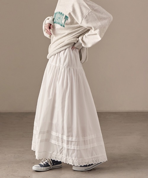 Fashion Letter(ファッションレター)の「T/Cブロード×レース ティアード ロングスカート(スカート・レディース・ブラック/ホワイト・M)」の16枚目の写真
