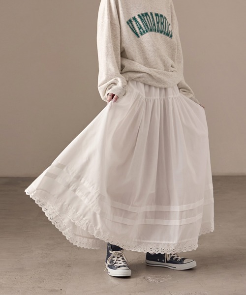 Fashion Letter(ファッションレター)の「T/Cブロード×レース ティアード ロングスカート(スカート・レディース・ブラック/ホワイト・M)」の18枚目の写真