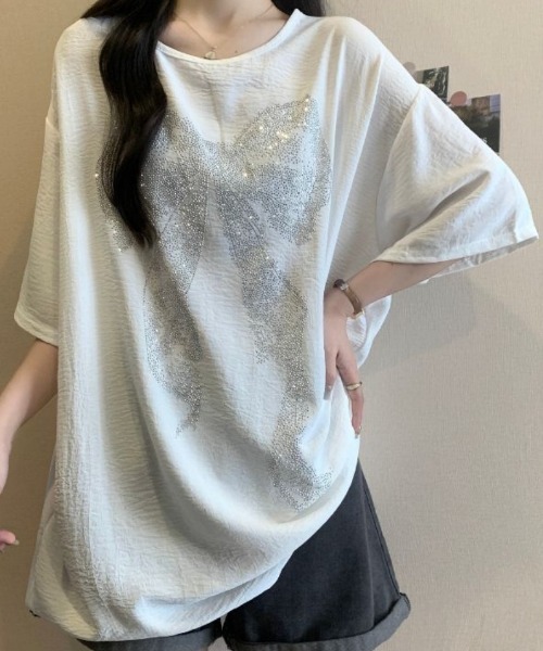 Ritzy(リッツィー)の「リボンプリント柄・オーバーサイズ半袖Tシャツ(Tシャツ/カットソー・レディース・ホワイト/ブラック・LARGE/MEDIUM)」の8枚目の写真