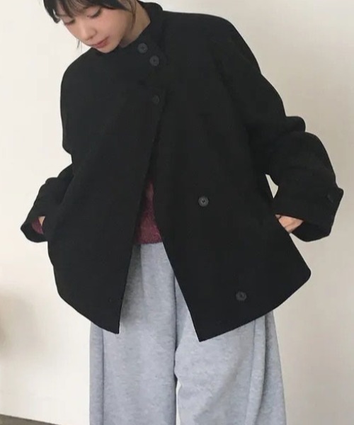 FAVORITO(ファヴォリート)の「スタンドカラーシングルブレストメルトンコート(ステンカラーコート・レディース・グレー/ブラック・F)」の14枚目の写真