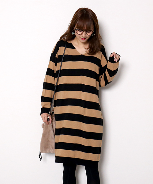 n'ee-ne(ネーネ)の「ボーダーニットワンピース(ワンピース・レディース・ブラック×グレー/ベージュ/ネイビー・M/L)」の2枚目の写真