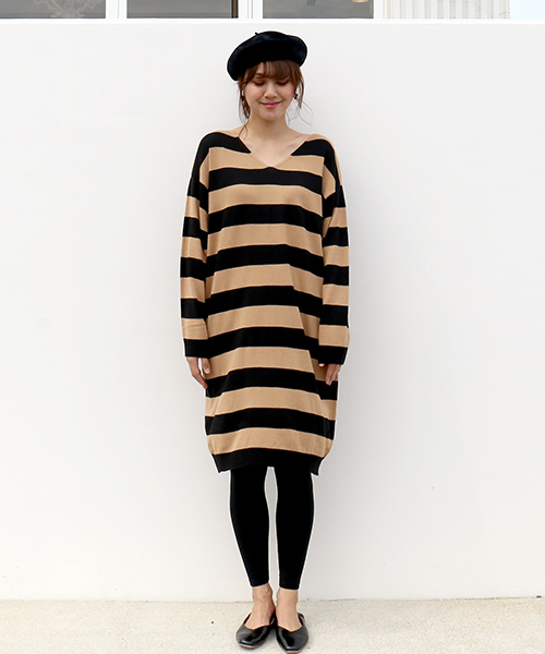 n'ee-ne(ネーネ)の「ボーダーニットワンピース(ワンピース・レディース・ブラック×グレー/ベージュ/ネイビー・M/L)」の9枚目の写真