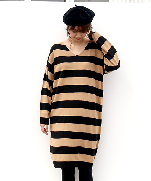 n'ee-ne(ネーネ)の「ボーダーニットワンピース(ワンピース・レディース・ブラック×グレー/ベージュ/ネイビー・M/L)」の10枚目の写真