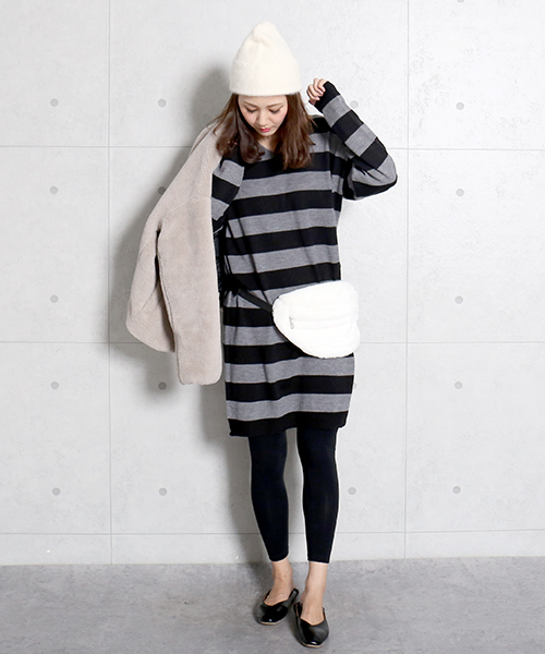 n'ee-ne(ネーネ)の「ボーダーニットワンピース(ワンピース・レディース・ブラック×グレー/ベージュ/ネイビー・M/L)」の14枚目の写真