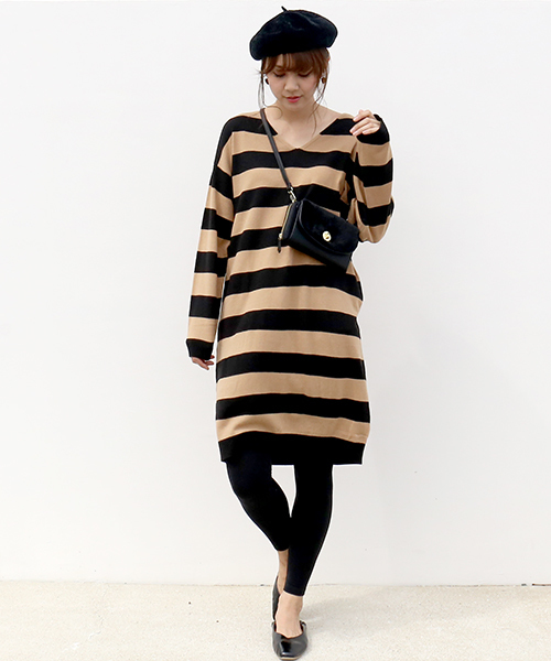 n'ee-ne(ネーネ)の「ボーダーニットワンピース(ワンピース・レディース・ブラック×グレー/ベージュ/ネイビー・M/L)」の15枚目の写真