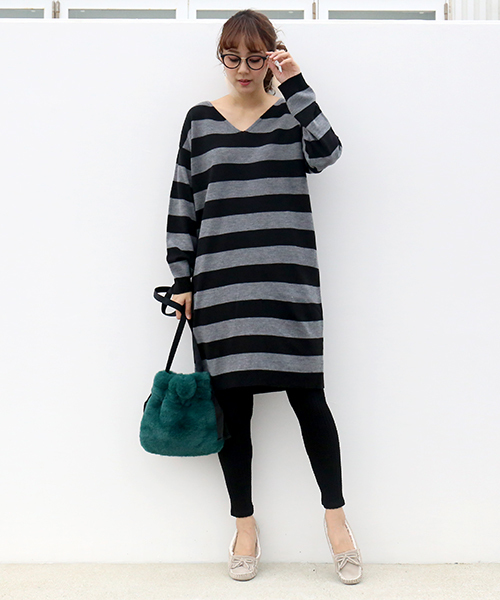 n'ee-ne(ネーネ)の「ボーダーニットワンピース(ワンピース・レディース・ブラック×グレー/ベージュ/ネイビー・M/L)」の18枚目の写真