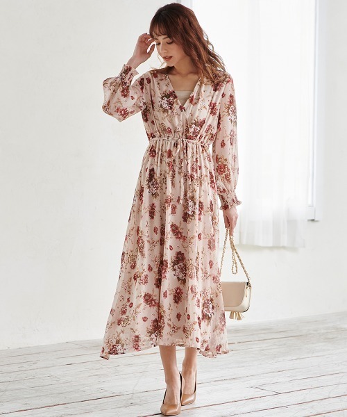 英国インポート♡ノースリーブカシュクール花柄シフォンワンピース セール】肩開きフリル花柄シフォンワンピース（ワンピース