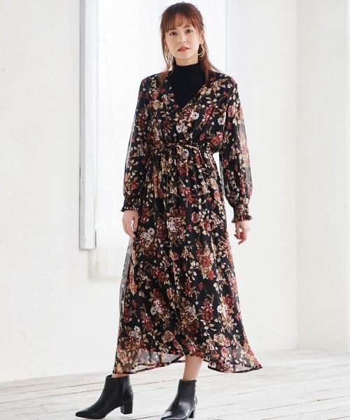 英国インポート♡ノースリーブカシュクール花柄シフォンワンピース セール】肩開きフリル花柄シフォンワンピース（ワンピース