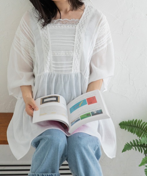 Mysa&Liina（ミーサリーナ）の「レースタックフレアチュニック（シャツ/ブラウス・レディース・ブラック/オフホワイト/サックスブルー・M）」の18枚目の写真