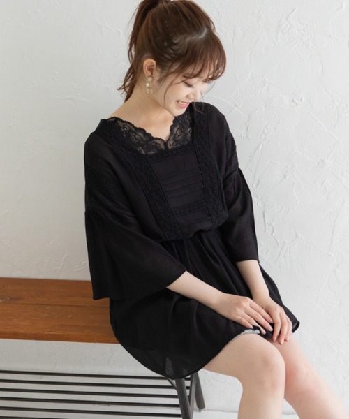 Mysa&Liina（ミーサリーナ）の「レースタックフレアチュニック（シャツ/ブラウス・レディース・ブラック/オフホワイト/サックスブルー・M）」の6枚目の写真