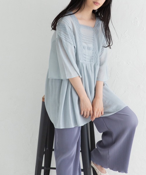 Mysa&Liina（ミーサリーナ）の「レースタックフレアチュニック（シャツ/ブラウス・レディース・ブラック/オフホワイト/サックスブルー・M）」の8枚目の写真