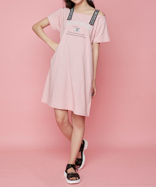 JENNI love（ジェニィラブ）の「接触冷感肩あきロゴテープワンピース（ワンピース・キッズ・ピンク/ブラウン/ミント・150cm/160cm/140cm/130cm）」の6枚目の写真