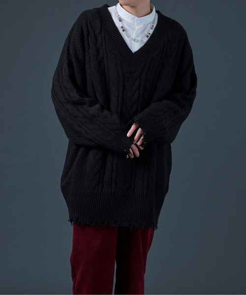 Ellno Loset（エルノロゼット）の「ダメージケーブルBIGニット（ニット/セーター・メンズ・ブラック/パープル・MEDIUM/LARGE）」の4枚目の写真