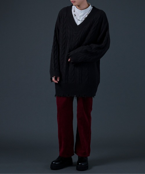 Ellno Loset（エルノロゼット）の「ダメージケーブルBIGニット（ニット/セーター・メンズ・ブラック/パープル・MEDIUM/LARGE）」の11枚目の写真