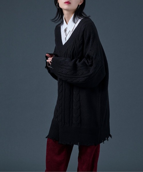 Ellno Loset（エルノロゼット）の「ダメージケーブルBIGニット（ニット/セーター・メンズ・ブラック/パープル・MEDIUM/LARGE）」の13枚目の写真