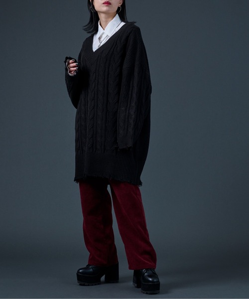 Ellno Loset（エルノロゼット）の「ダメージケーブルBIGニット（ニット/セーター・メンズ・ブラック/パープル・MEDIUM/LARGE）」の7枚目の写真