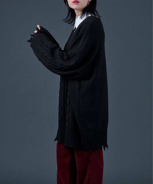 Ellno Loset（エルノロゼット）の「ダメージケーブルBIGニット（ニット/セーター・メンズ・ブラック/パープル・MEDIUM/LARGE）」の15枚目の写真