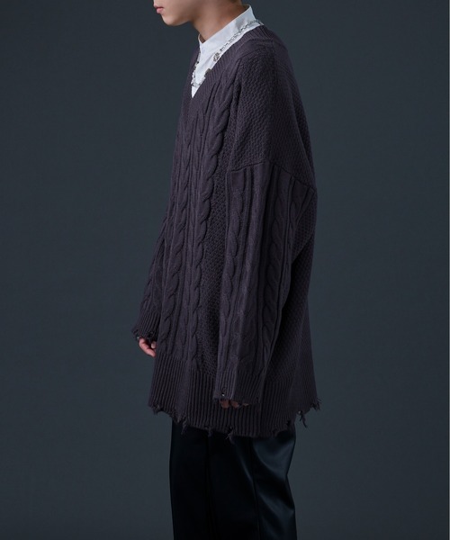 Ellno Loset（エルノロゼット）の「ダメージケーブルBIGニット（ニット/セーター・メンズ・ブラック/パープル・MEDIUM/LARGE）」の6枚目の写真